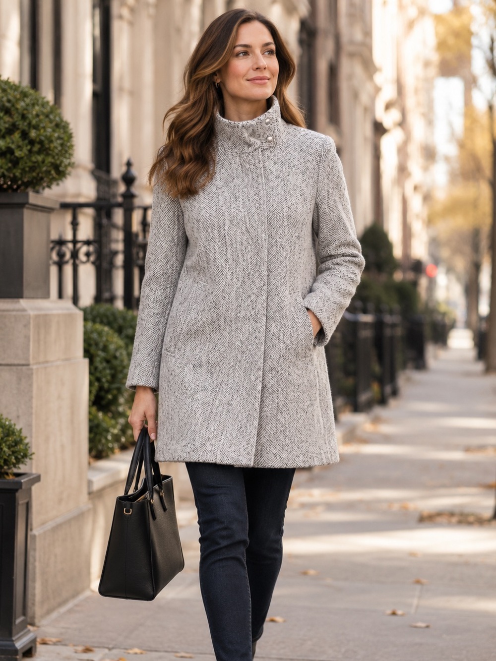 LOFT Petites LP Herringbone Wool Blend Funnel Neck Coat Gray